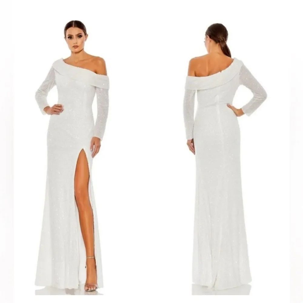 Mac Duggal White Sequin Off Shoulder High Slit Long Sleeve Evening Gown 5449